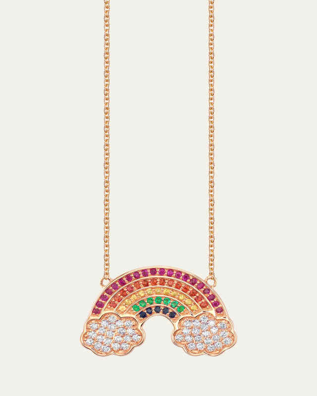 14K Large Pave Rainbow with Clouds Pendant Necklace